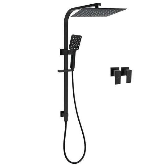 Dual Shower Set Matt Black 12" Rainfall Head 3 Modes Handheld Silding Rail Combo Double Taps V1233-C7121SBHS002M4CBKSS112BCPF0272BK