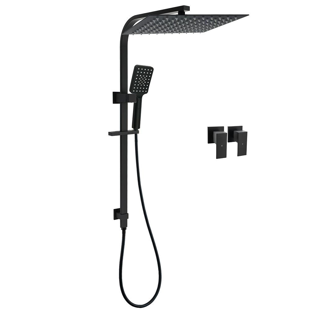 Matt Black Dual Shower Set 16" Rainfall Head 3 Modes Handheld Silding Rail Combo Twin Taps V1233-C7121SBHS002M4CBKSS116BCPF0272BK