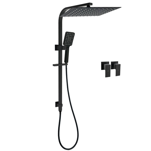Matt Black Dual Shower Set 16" Rainfall Head 3 Modes Handheld Silding Rail Combo Twin Taps V1233-C7121SBHS002M4CBKSS116BCPF0272BK