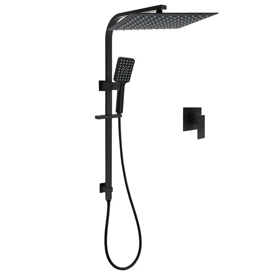 WELS Matt Black Dual Shower Set Large 16" Rainfall Head 3 Modes Handheld Silding Rail Combo Mixer V1233-C7121SBHS002M4CBKSS116BKSQ201B