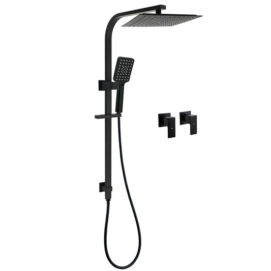 Matt Black Square Twin Shower 10" Rain Head 3 Modes Handheld Silde Rail Arm Taps Set V1233-C7121SBHS002M4CBSS1001BCPF0272BK