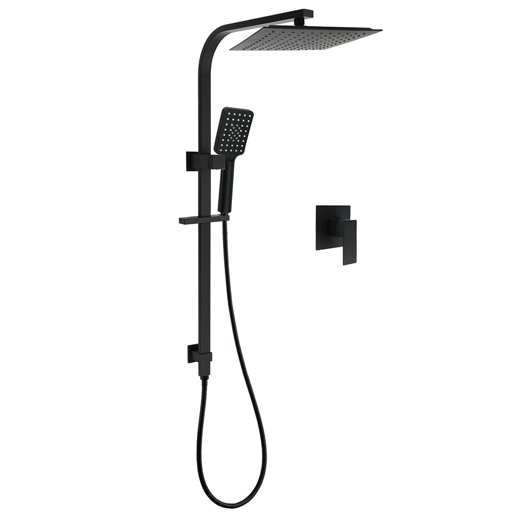 Matt Black Square Twin Shower 10" Rain Head 3 Modes Handheld Silde Rail Arm Mixer Set V1233-C7121SBHS002M4CBSS1001BKSQ201B