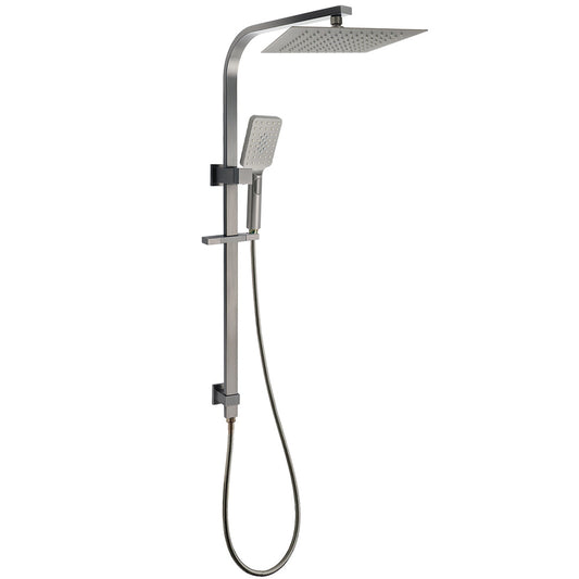 Gun Metal Double Square Shower Head Set 10" Rain Handheld Sliding Rail Diverter V1233-C7121SGMHS002M4CGMKSS110GM