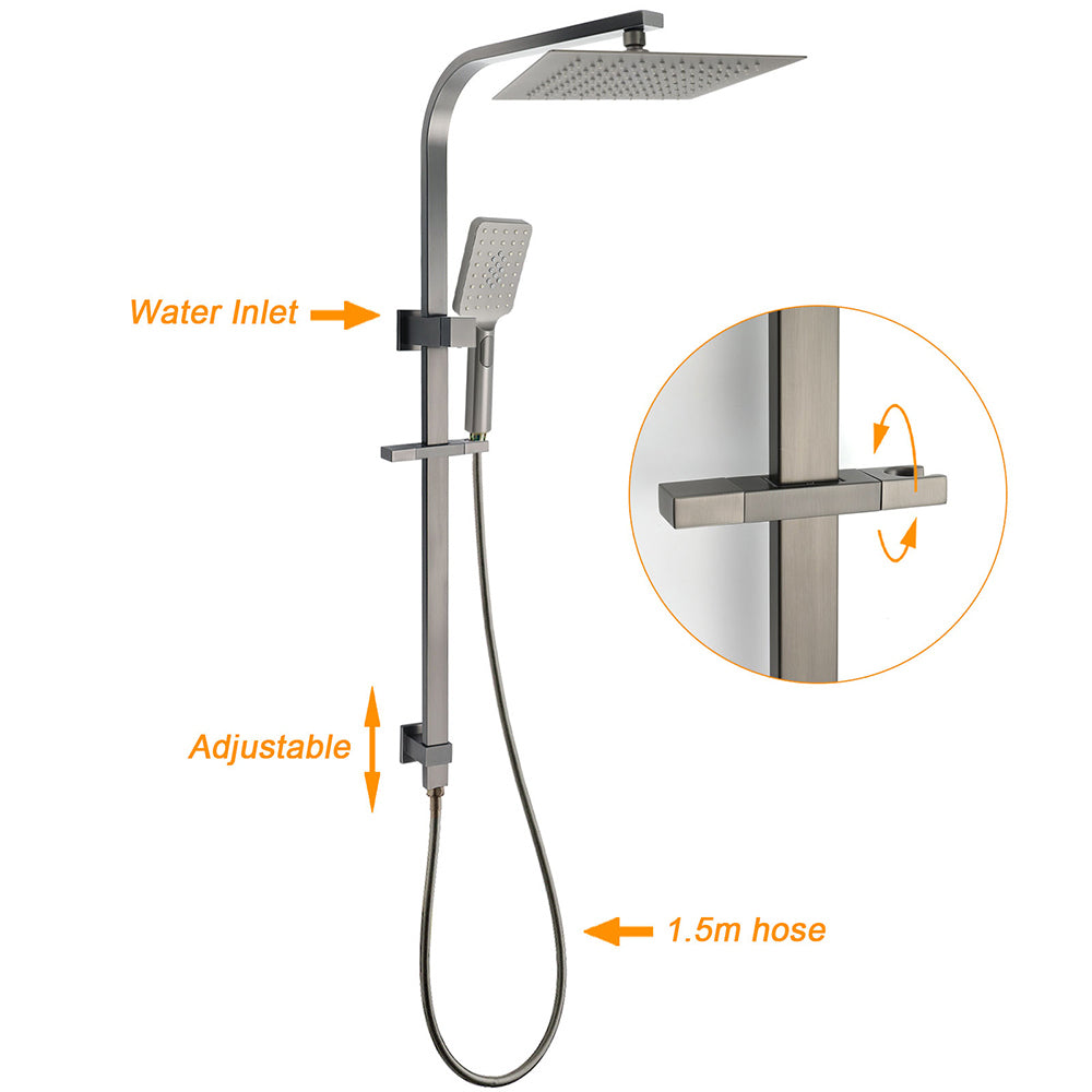 Gun Metal Double Square Shower Head Set 10" Rain Handheld Sliding Rail Diverter V1233-C7121SGMHS002M4CGMKSS110GM