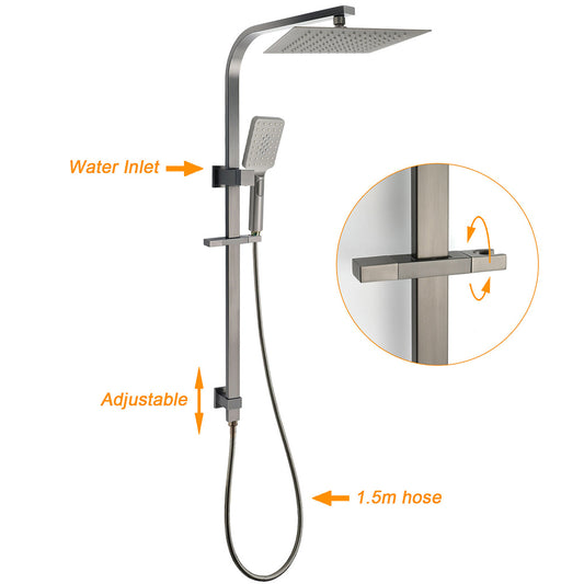 Gun Metal Double Square Shower Head Set 10" Rain Handheld Sliding Rail Diverter V1233-C7121SGMHS002M4CGMKSS110GM