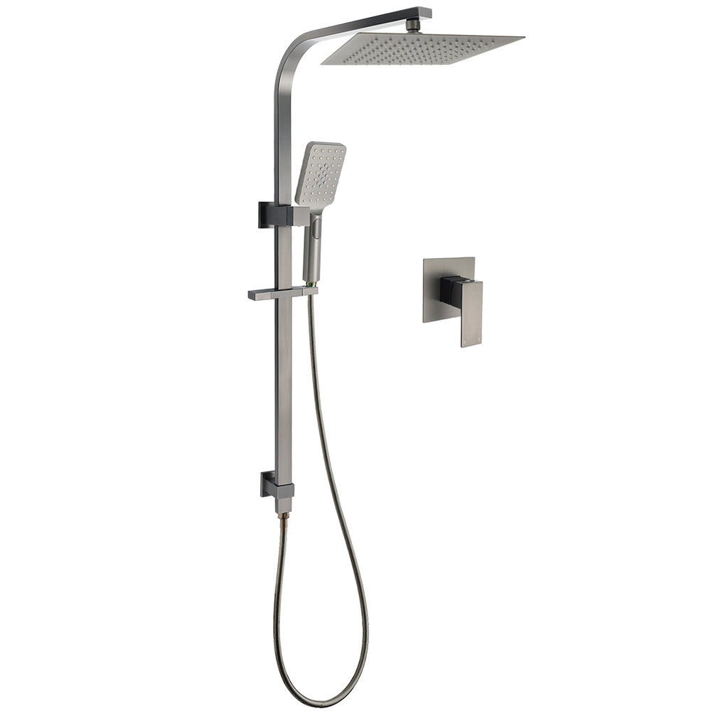 WELS Gun Metal Double Square Shower Head Set 10" Rain Handheld Sliding Rail Diverter Wall Mixer V1233-C7121SGMHS002M4CGMKSS110GMKSQ201GM