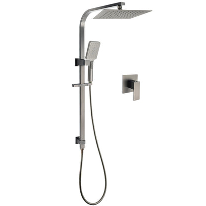 WELS Gun Metal Double Square Shower Head Set 10" Rain Handheld Sliding Rail Diverter Wall Mixer V1233-C7121SGMHS002M4CGMKSS110GMKSQ201GM