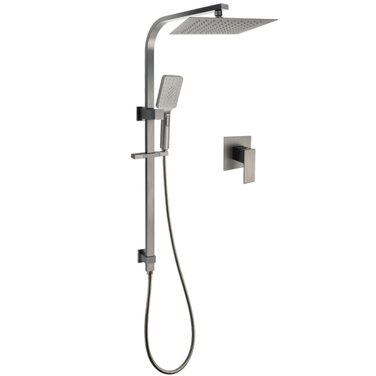 WELS Gun Metal Double Square Shower Head Set 10" Rain Handheld Sliding Rail Diverter Wall Mixer V1233-C7121SGMHS002M4CGMKSS110GMKSQ201GM
