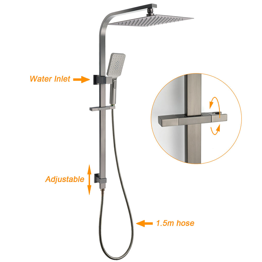 WELS Gun Metal Double Square Shower Head Set 12" Rain Handheld Sliding Rail 2 Way Switch V1233-C7121SGMHS002M4CGMKSS112GM