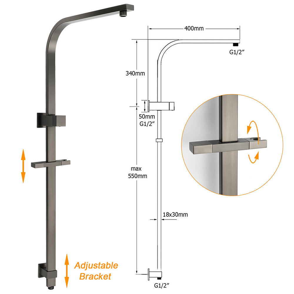 WELS Gun Metal Double Square Shower Head Set 12" Rain Handheld Sliding Rail 2 Way Switch V1233-C7121SGMHS002M4CGMKSS112GM