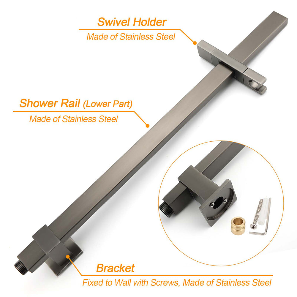 WELS Gun Metal Double Square Shower Head Set 12" Rain Handheld Sliding Rail 2 Way Switch V1233-C7121SGMHS002M4CGMKSS112GM