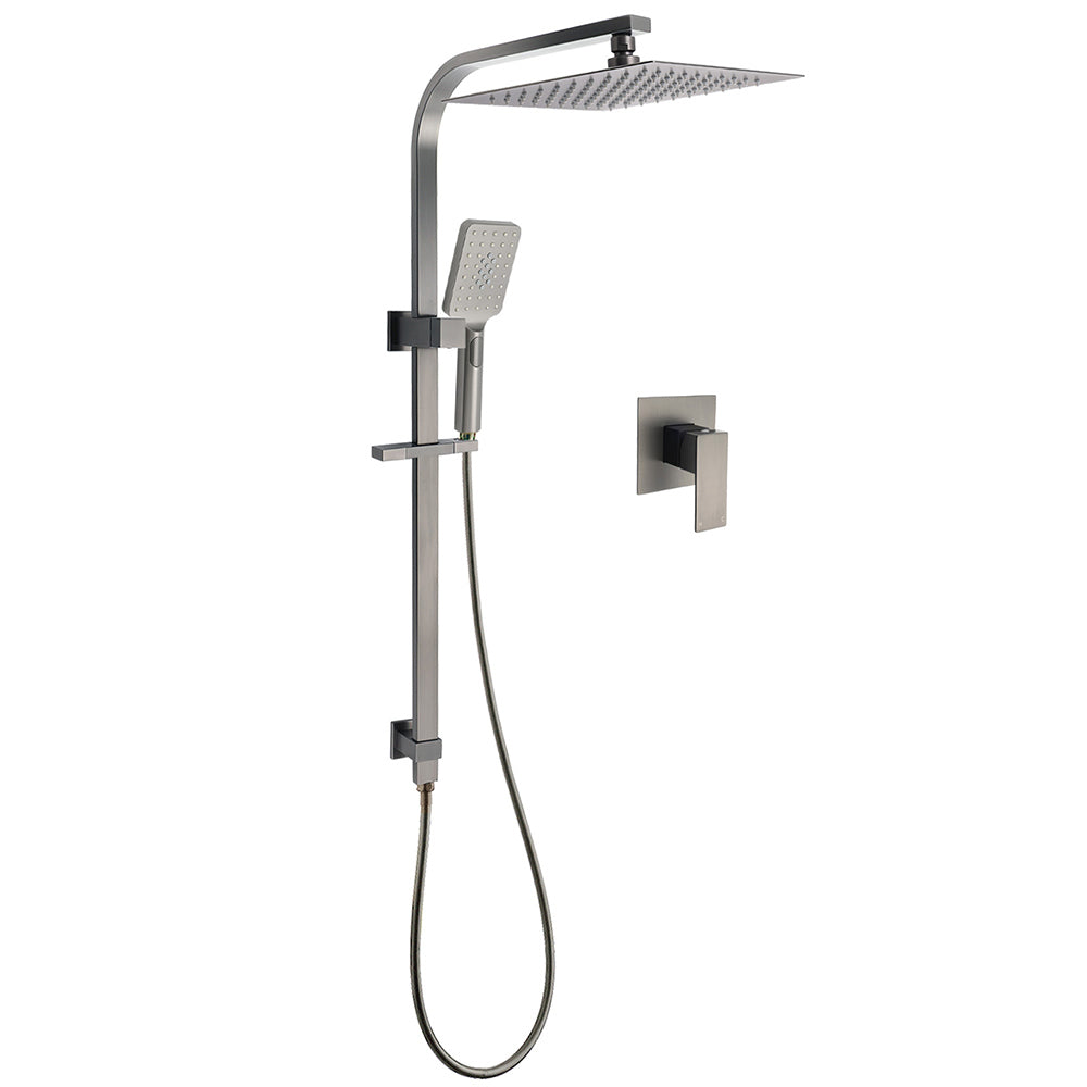 WELS Gun Metal Twin Shower Head Square Set 12" Rain Handheld Sliding Rail Diverter Wall Mixer V1233-C7121SGMHS002M4CGMKSS112GMKSQ201GM