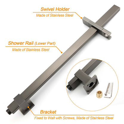 WELS Gun Metal Twin Shower Head Square Set 12" Rain Handheld Sliding Rail Diverter Wall Mixer V1233-C7121SGMHS002M4CGMKSS112GMKSQ201GM