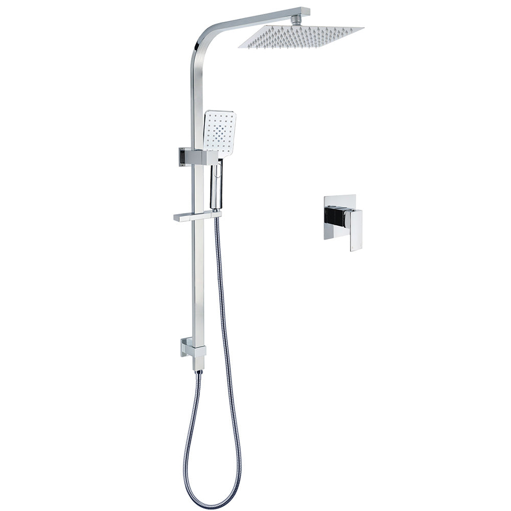 Chrome Twin Square Shower Set 8" Rain Shower Head 3 Function Handheld Rail Arm Mixer V1233-C7121SHS002M4CKSS108KSQ201CR