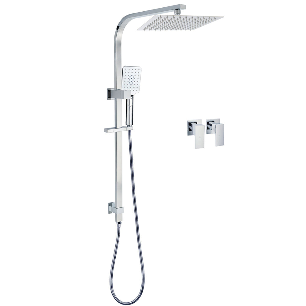 WELS Chrome 8" Twin Square Shower Set Rain Head 3 Modes Handheld Sliding Rail + Taps V1233-C7121SHS002M4CKSS110CPF0272A