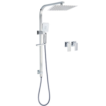 WELS Chrome 8" Twin Square Shower Set Rain Head 3 Modes Handheld Sliding Rail + Taps V1233-C7121SHS002M4CKSS110CPF0272A