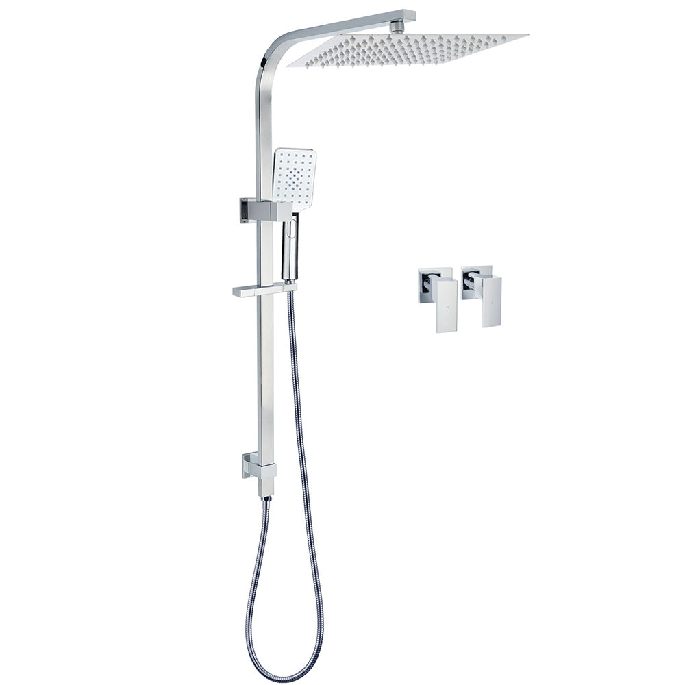 Chrome Twin Square Shower Set 12" Rain Shower Head 3 Function Handheld Rail Arm Taps V1233-C7121SHS002M4CKSS112CPF0272A