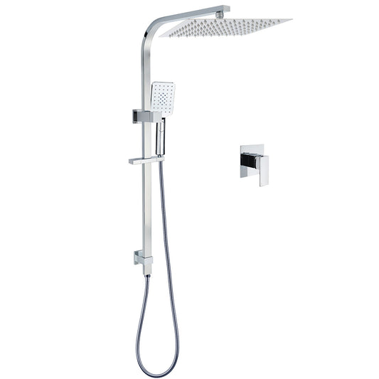 Chrome Dual Square Shower Set 12" Rain Shower Head 3 Function Handheld Rail Arm Mixer V1233-C7121SHS002M4CKSS112KSQ201CR