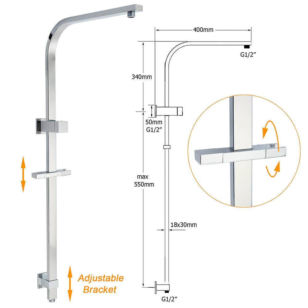 WELS 2IN1 Square Shower Head Set 10" Rain Handheld Sliding Rail Arm Inbuilt Diverter V1233-C7121SHS002M4CSS1001