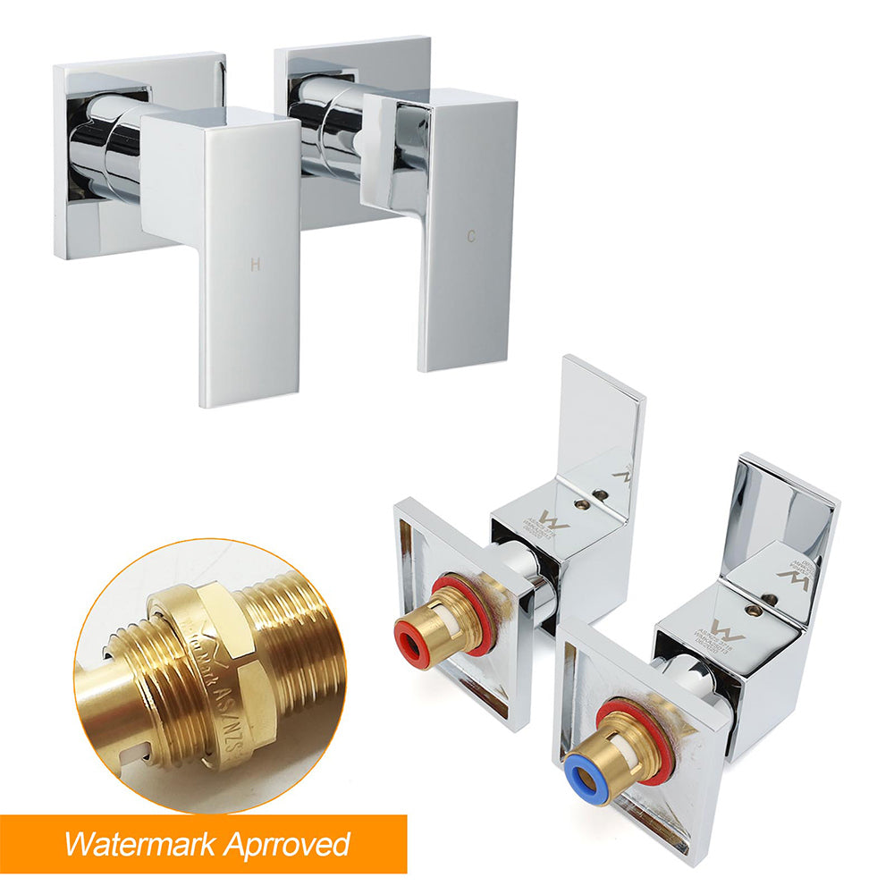 Watermark Chrome Square 1/4 Turn Wall Twin Taps Brass For Shower Head Vanity Basin Spout V1233-CPF0272ACR
