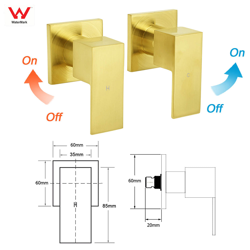 Brushed Gold Square 1/4 Turn Twin Taps Brass For Shower Head Wall Mounted Spout V1233-CPF0272AG