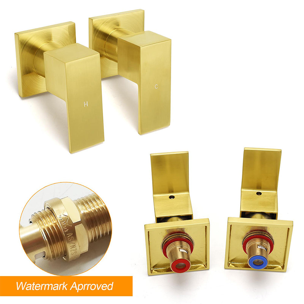 Brushed Gold Square 1/4 Turn Twin Taps Brass For Shower Head Wall Mounted Spout V1233-CPF0272AG