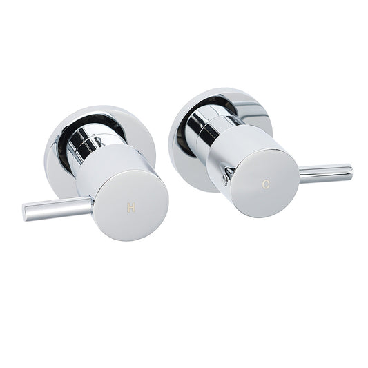 Chrome Brass 1/4 Turn Round Hot Cold Tap Pair Wall Set For Bathroom Shower Vanity Spout V1233-CPF0282ACR