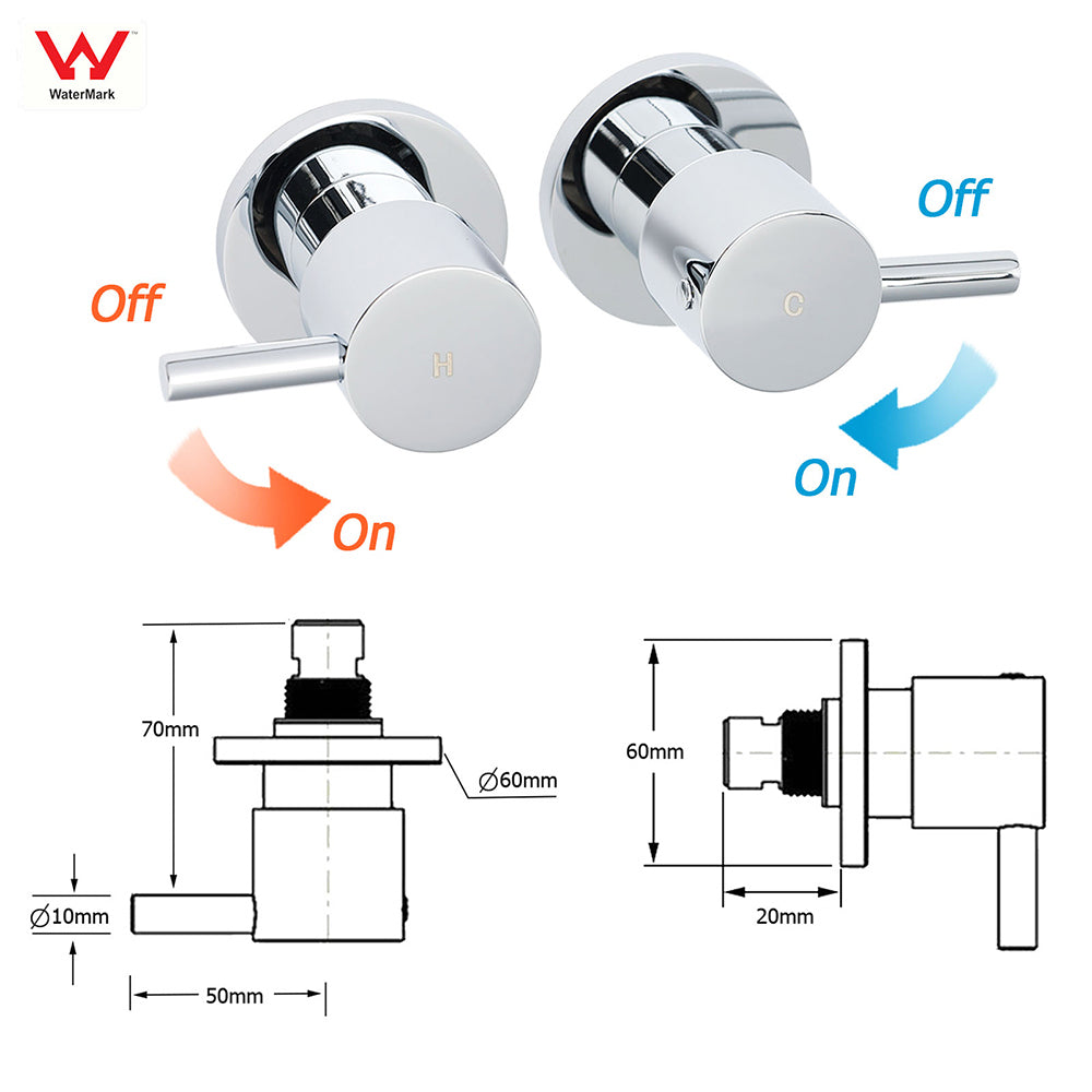 Chrome Brass 1/4 Turn Round Hot Cold Tap Pair Wall Set For Bathroom Shower Vanity Spout V1233-CPF0282ACR
