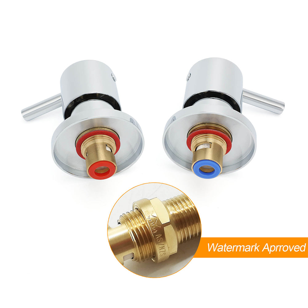 Chrome Brass 1/4 Turn Round Hot Cold Tap Pair Wall Set For Bathroom Shower Vanity Spout V1233-CPF0282ACR