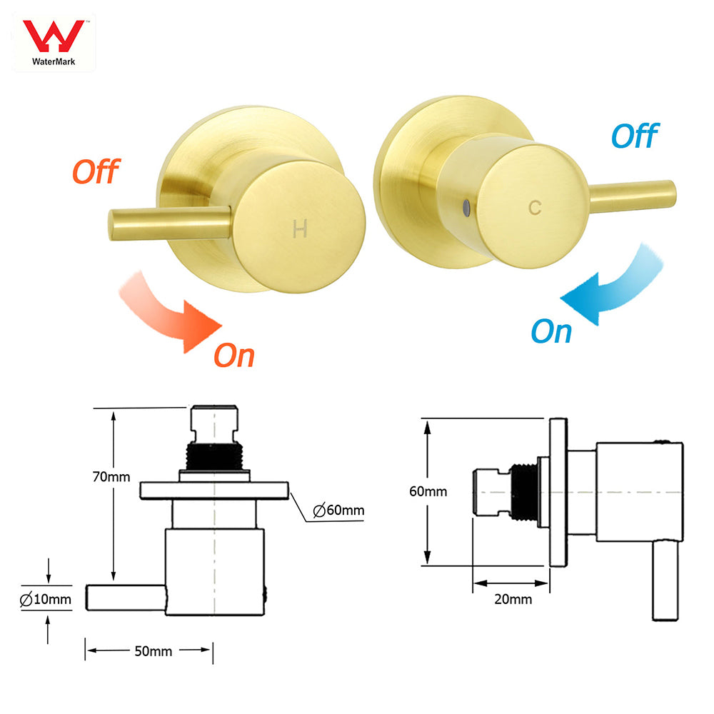 Brushed Gold Brass 1/4 Turn Round Hot Cold Tap Wall Set For Shower Vanity Spout V1233-CPF0282AG