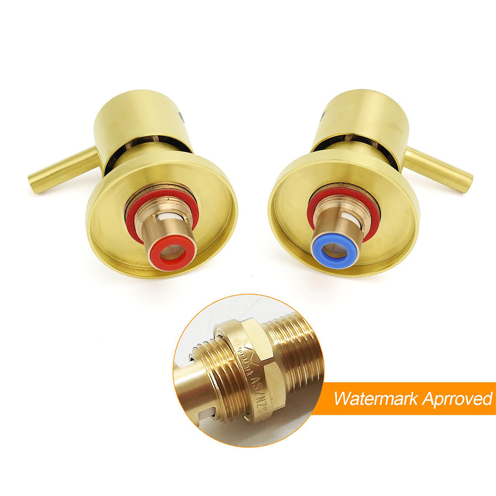 Brushed Gold Brass 1/4 Turn Round Hot Cold Tap Wall Set For Shower Vanity Spout V1233-CPF0282AG