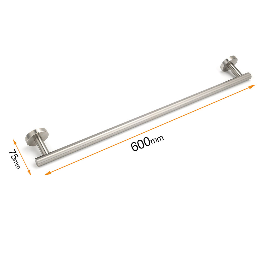 Brushed Nickel 600mm Single Towel Rack Rail Holder Round Hanger Bar Wall Mounted V1233-E6900260BN