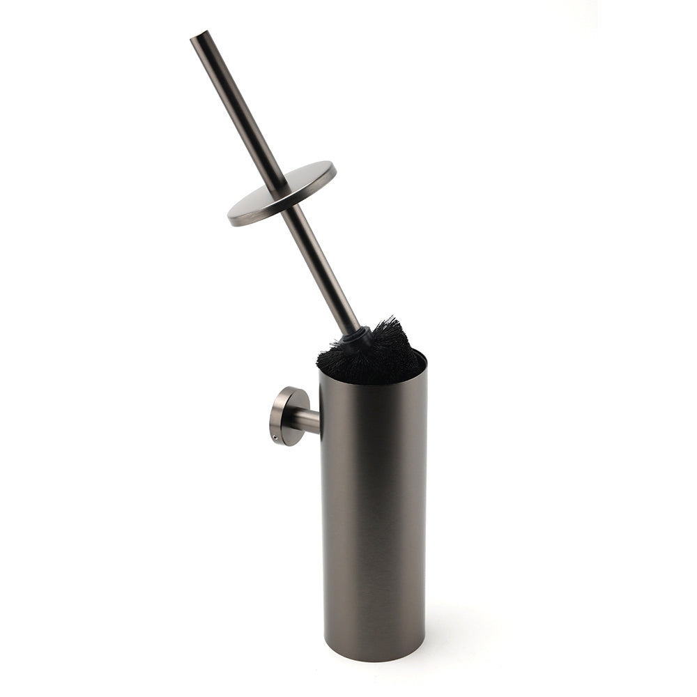 Bathroom Accessory Gun Metal Round Toilet Brush & Stainless Steel Holder Cup Kit V1233-E69013GM