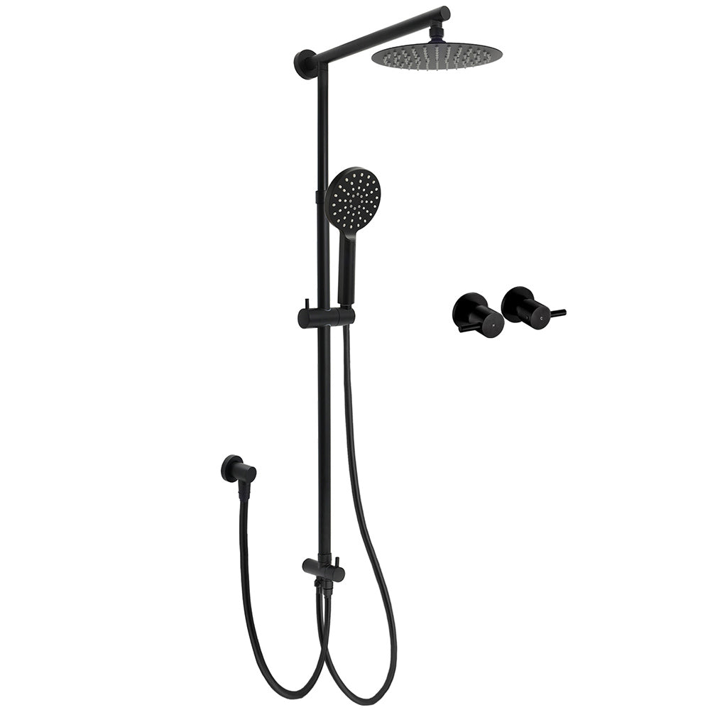 WELS Matt Black 2in1 Shower 8" Round Head Set Sliding Rail 3 Mode Handheld + Twin Taps V1233-HR002M4CBSC842BKSR108BCF0282ABK