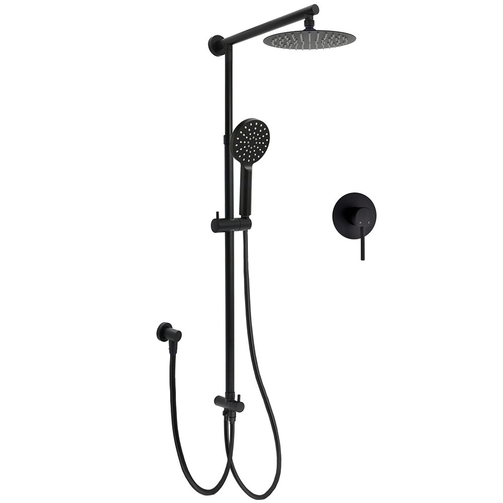 WELS Matt Black Twin Shower 8" Round Rain Head Set Sliding Rail 3 Mode Handheld + Mixer V1233-HR002M4CBSC842BKSR108BKRD201B