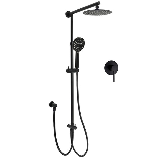 WELS Matt Black Twin Shower 8" Round Rain Head Set Sliding Rail 3 Mode Handheld + Mixer V1233-HR002M4CBSC842BKSR108BKRD201B
