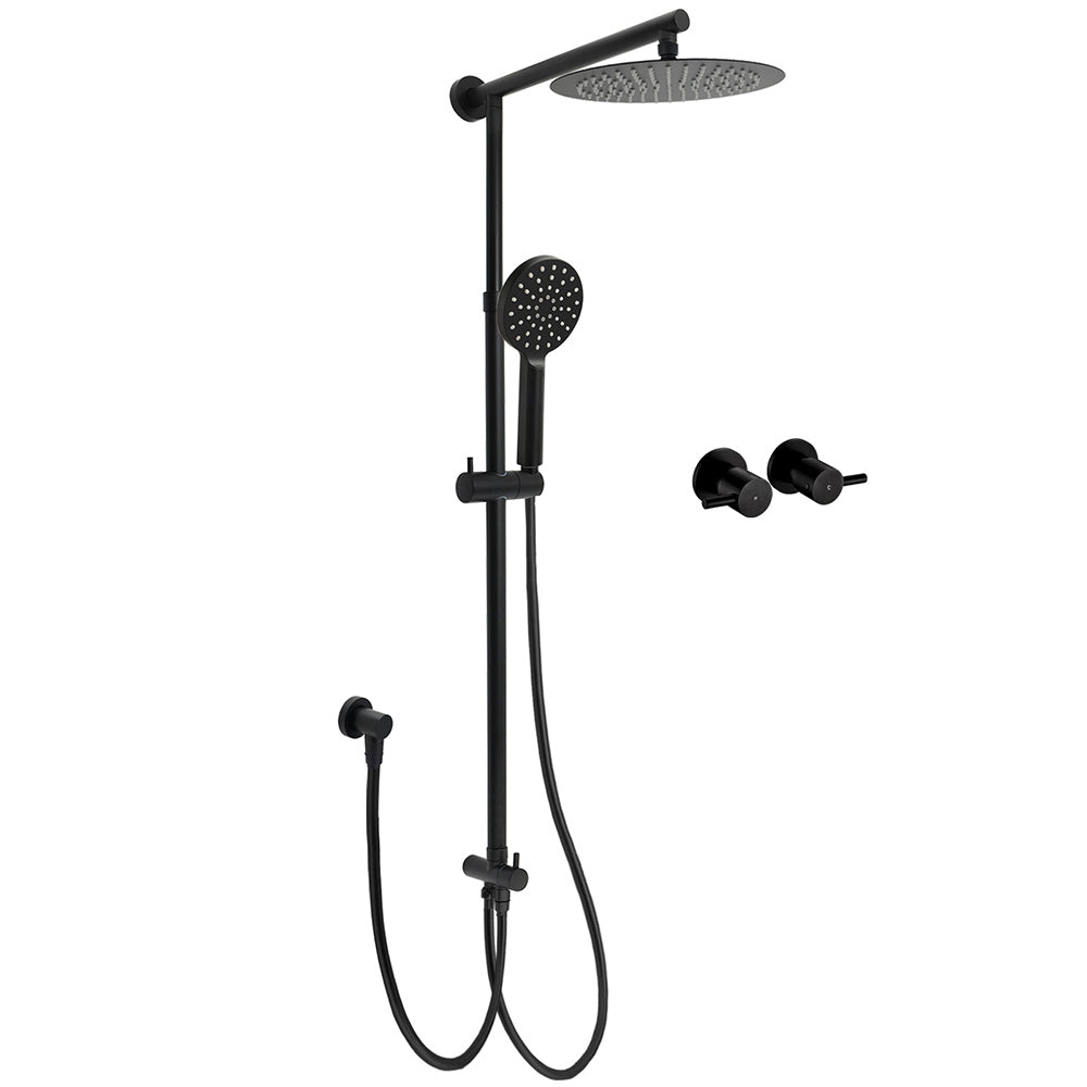 Matt Black Round Dual Shower Set 10" Rain Head 3 Mode Handheld Sliding Rail Arm Twin Taps V1233-HR002M4CBSC842BKSR110BCF0282ABK