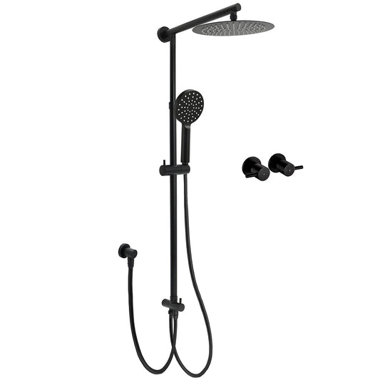 Matt Black Round Dual Shower Set 10" Rain Head 3 Mode Handheld Sliding Rail Arm Twin Taps V1233-HR002M4CBSC842BKSR110BCF0282ABK