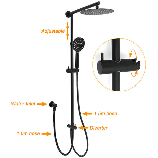 Matt Black 2in1 Round Shower 10" Rain Head 3 Mode Handheld Sliding Rail Diverter Mixer Set V1233-HR002M4CBSC842BKSR110BKRD201B