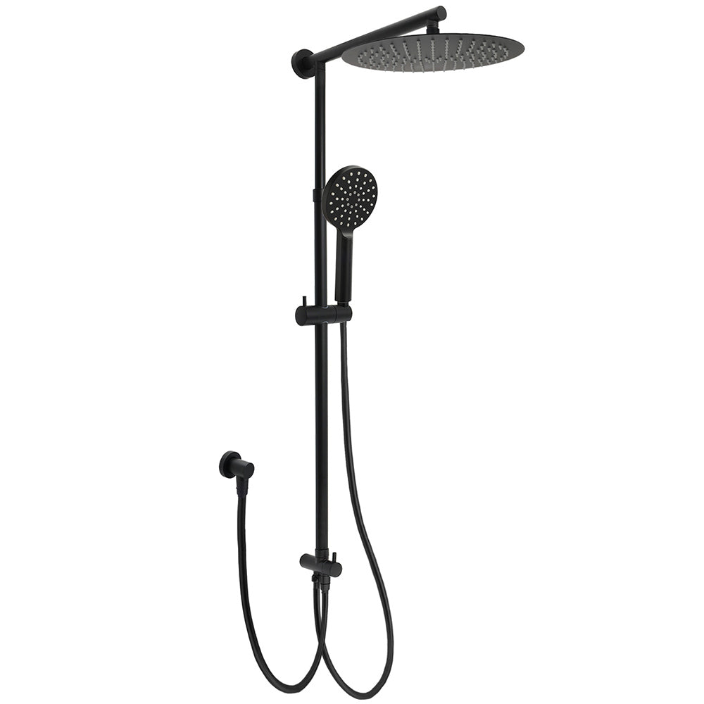 Matte Black Large 12" Round Shower Head Twin Set Handheld Diverter Wall Rail Arm V1233-HR002M4CBSC842BKSR112B