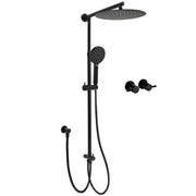 WELS Matt Black Dual 12" Round Shower Head Set Handheld Rail Wall Arm Elbow Inlet Twin Taps V1233-HR002M4CBSC842BKSR112BCPF0282ABK