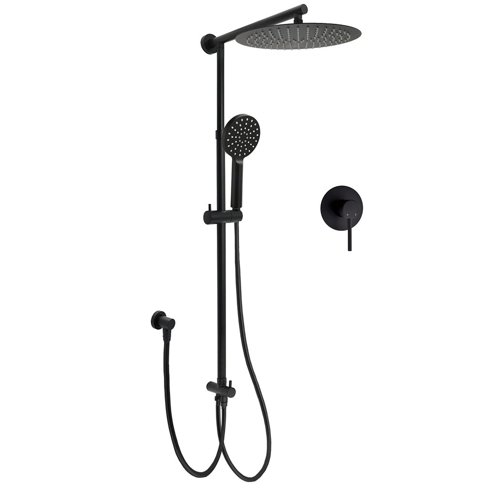 WELS Matt Black Twin Round 12" Shower Head Set Handheld Flexible Rail Wall Arm Mixer V1233-HR002M4CBSC842BKSR112BKRD201B