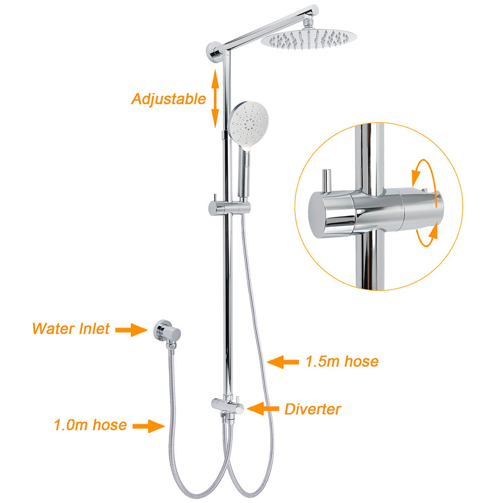 WELS Chrome Round 8" Stainless Steel Rain Head Handheld Sliding Rail Arm 2in1 Shower Set V1233-HR002M4CSC842KSR108