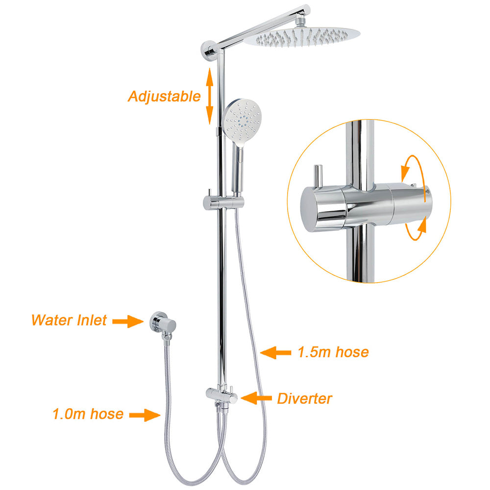 WELS Chrome 10" Round Rain Handheld Twin Shower Head Arm Sliding Rail Arm Diverter Set V1233-HR002M4CSC842KSR110