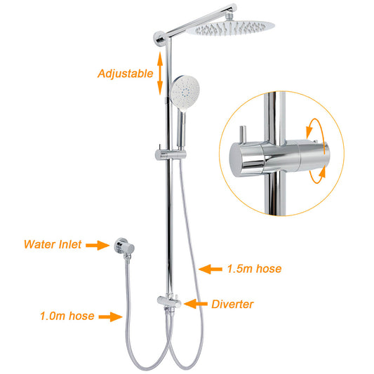 Chrome 10" Round Rain Handheld Twin Shower Head Arm Sliding Rail Arm Double Taps V1233-HR002M4CSC842KSR110CPF0282A