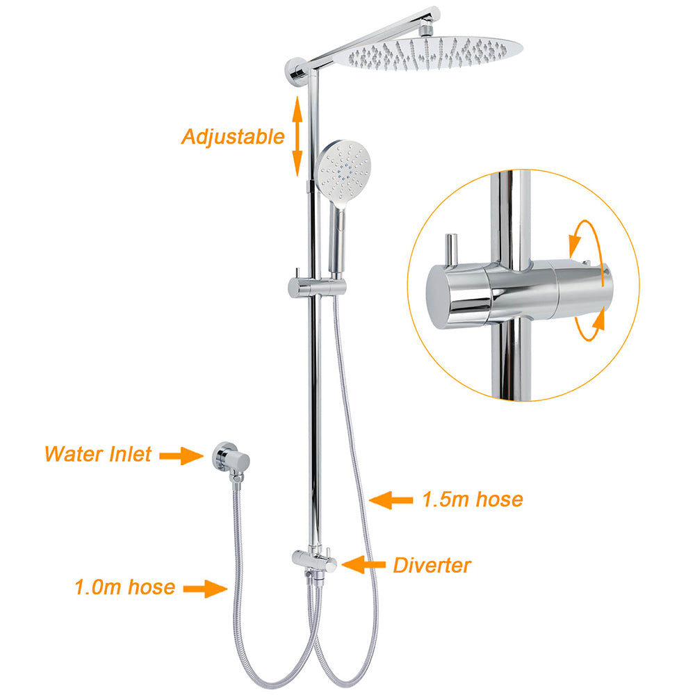 WELS Round Large 12" Rain 2in1 Shower Head 3 Modes Handheld Wall Rail Brass Twin Taps V1233-HR002M4CSC842KSR112CPF0282A