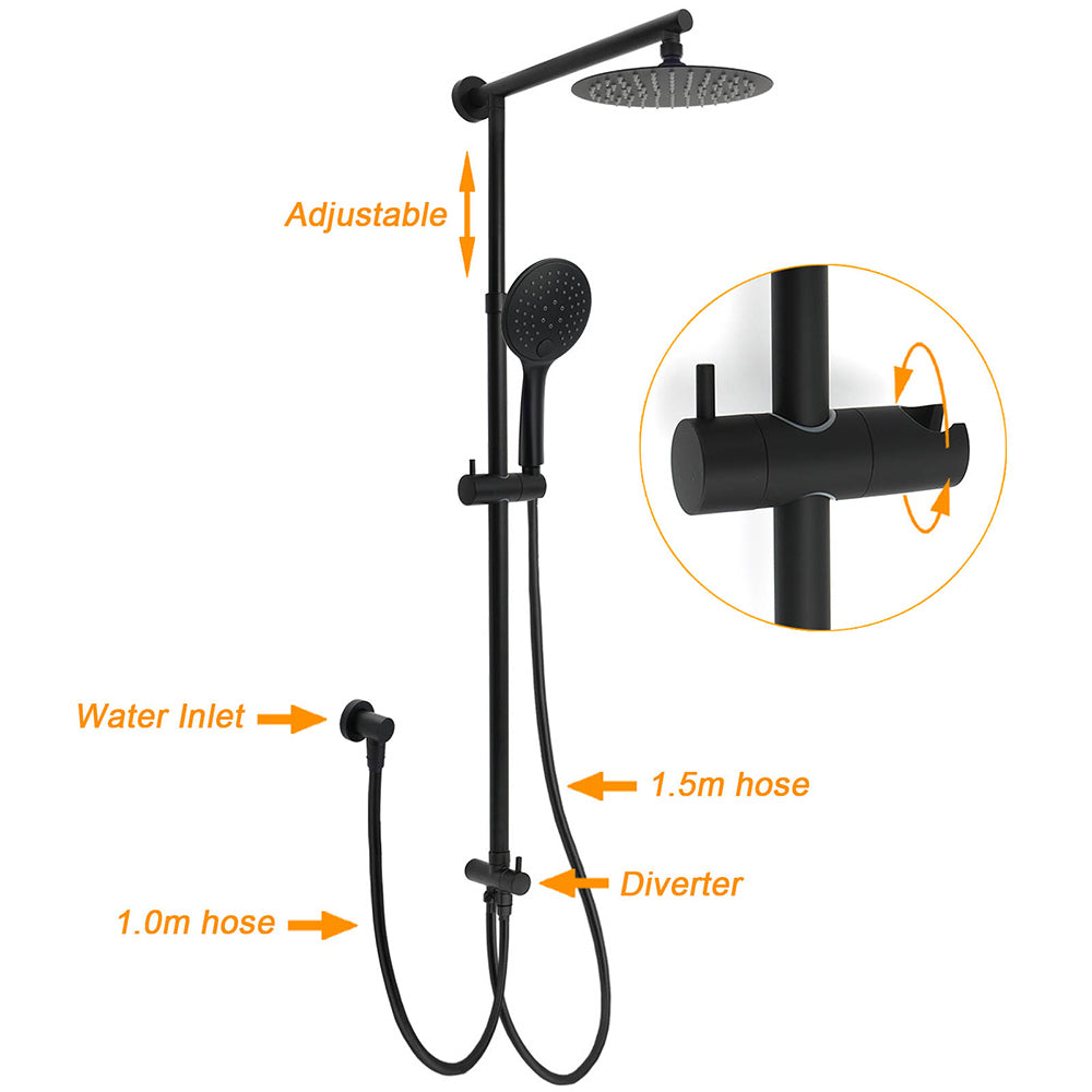 WELS Matt Black Twin Shower 8" Round Head Set Sliding Rail 3 Mode Handheld Rose V1233-HR003M4CBSC842BKSR108B