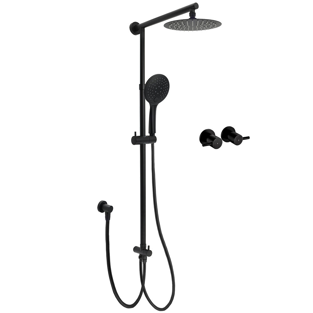 WELS Matt Black Twin Shower 8" Round Head Set Sliding Rail 3 Mode Handheld + Taps V1233-HR003M4CBSC842BKSR108BCF0282ABK