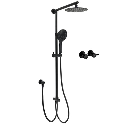 WELS Matt Black Twin Shower 8" Round Head Set Sliding Rail 3 Mode Handheld + Taps V1233-HR003M4CBSC842BKSR108BCF0282ABK
