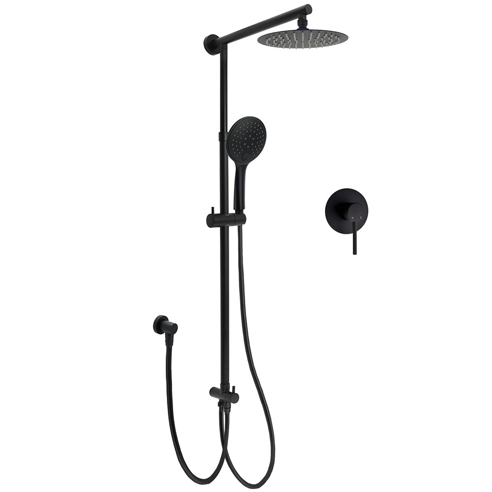 WELS Matt Black Twin Shower 8" Round Head Set Sliding Rail 3 Mode Handheld Rose + Mixer V1233-HR003M4CBSC842BKSR108BKRD201B